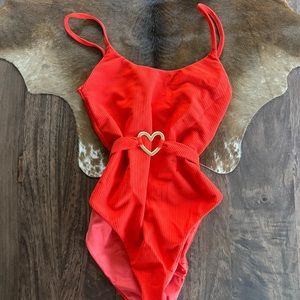 Cherry Red Swimsuit With Detachable Heart Belt